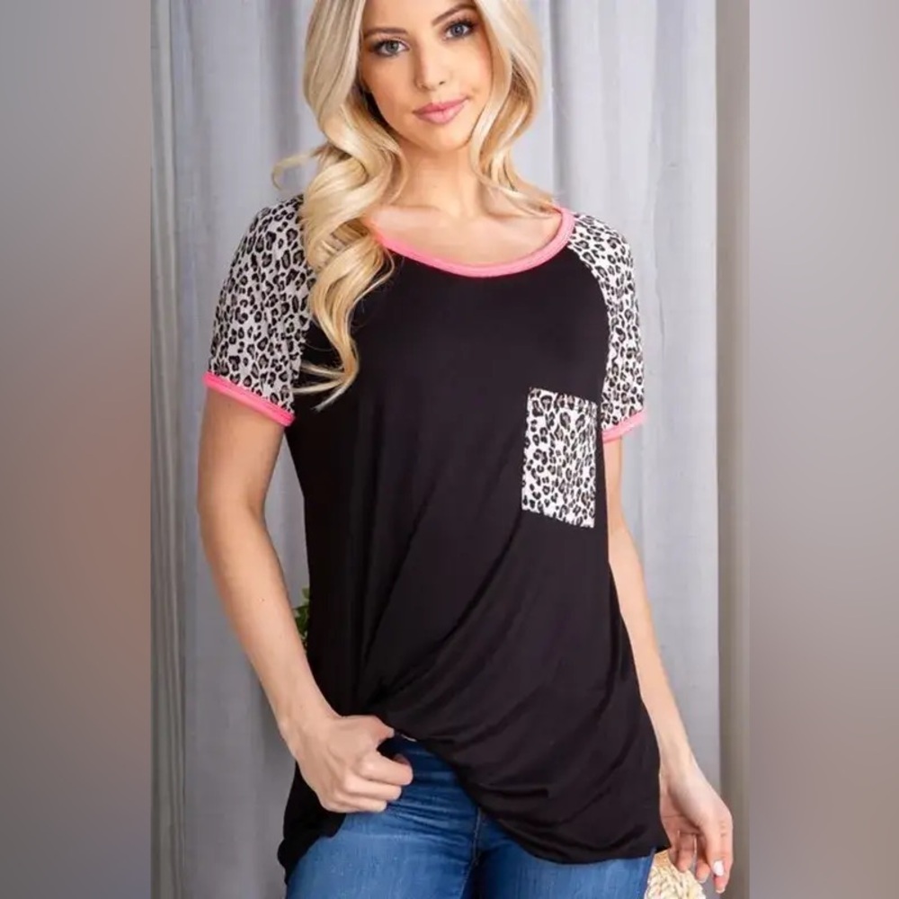 Heimish Short Sleeve Solid with Animal Print Top